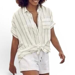 Athleta Linen Blend Striped Button Down Shirt Size Small Relaxed Fit Oversize